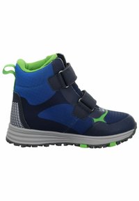 Zapatillas deportivas en azul y verde con un diseño de media caña, tejido texturizado, dos correas ajustables y una suela de goma con acentos verdes.