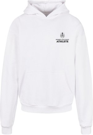 Valkoinen huppari, jossa on etutasku, mustalla painettu teksti "URHEILUKAUSI ATLEETTI", pehmeää kangasta, ribbaavat hihansuut ja helma.