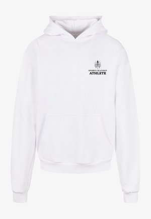 Balta gobtuvė su priekinėmis kišenėmis, ant kurios spausdintas tekstas "SPORTO SEZONO ATLETAS" juoda spalva, minkšta medžiaga, prašmatnūs rankogaliai ir apykaklė.