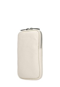 Pouch per telefono in pelle bianca con zip, texture a granuli, forma rettangolare e logo goffrato sottile, dotato di hardware in argento.
