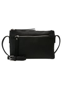 Musta nahkainen clutch-laukku, jossa on vetoketjullinen yläosa, etutaskussa vetoketju, irrotettava hihna ja sileä pinta, minimalistinen muotoilu.