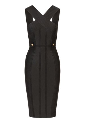 Robe noire ajustée avec des bretelles croisées, un tissu texturé, des coutures verticales et des accents en boutons dorés à la taille de chaque côté.