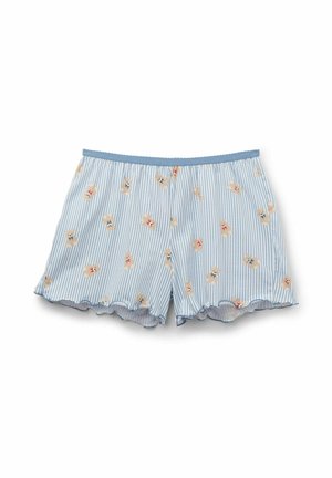 Light blue cotton shorts with white stripes and bear prints. Features ruffled hem and an elastic waistband for comfort.