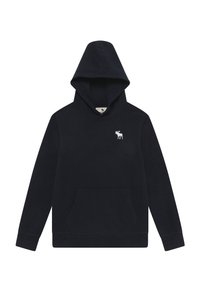 Felpa con cappuccio blu navy realizzata in tessuto morbido, con una tasca frontale e un piccolo logo di alce bianco sulla parte sinistra del petto.