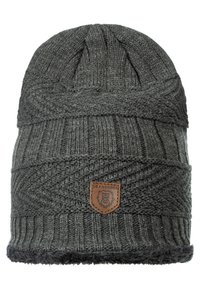 Dunkelgraue Strickmütze mit strukturiertem Muster, ausgestattet mit einem Leder-Logo-Patch an der Vorderseite und einem dicken gerippten Bund entlang des unteren Randes.