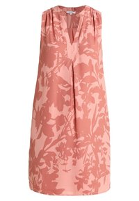 Ärmelloses Kleid aus weichem Pfirsichstoff mit floralem Muster, ausgestattet mit einem V-Ausschnitt und Falten-Details an der Vorderseite, in lockerem Schnitt.