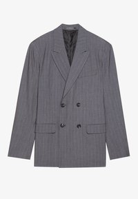 Blazer doppiopetto grigio a righe con rever a punta, bottoni neri e due tasche frontali. Tessuto liscio con vestibilità sartoriale.