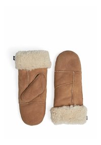 Brune ruskindsvanter med beige lammeskindskanter, med en sideåbning for nemmere adgang og syningsdetaljer på håndfladen.