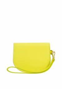 Yellow leather wallet with a rounded shape, featuring a detachable strap and gold hardware. Smooth texture with stitched accents.