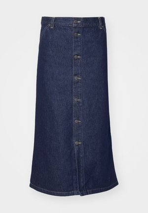 Denim skirt, dark blue, mid-length with row of metallic buttons down the front, stitched hem, and standard waistband. Smooth texture.