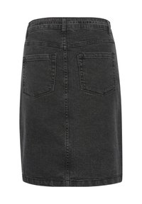Zwarte denim mini-jurk met een nauwsluitende vorm, voorzien van twee achterzakken, een middennaad en een standaard taillebandconstructie.