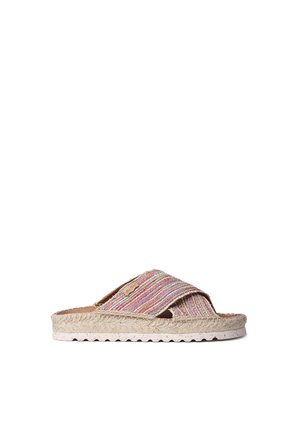 Woven slide sandals with multicolored stripes, natural jute sole, and braided texture. Open-toe design, featuring cross-strap construction.