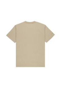 T-shirt beige à manches courtes et col rond, étalé à plat montrant le dos, avec une couture simple le long des bords et sans motifs ni logos visibles.