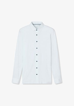 White long-sleeve men's dress shirt with navy buttons and a classic collar, displayed flat on a white background.