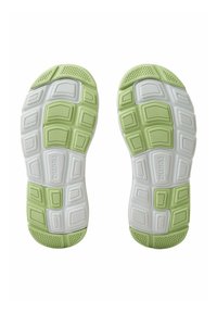 Schuhsohlen in einem Farbdesign aus Weiß und Hellgrün, mit strukturierter Oberfläche, gemusterten Griffen und deutlichen rechteckigen sowie sechseckigen Formen.