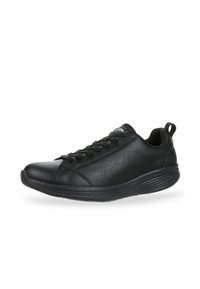 Black athletic shoes made of smooth leather, featuring a rounded toe, lace-up design, and textured sole for grip. Perforated accents on sides.
