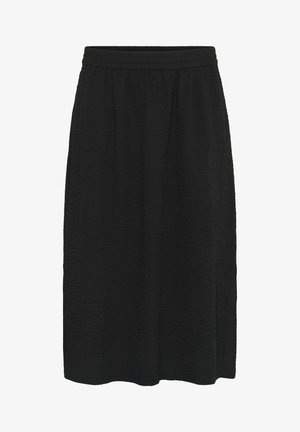Schwarzer Rock aus einem strukturierten, zerknitterten Stoff. Elastischer Taillenbund und eine gerade Silhouette. Der Saum ist am Boden leicht gekrümmt.