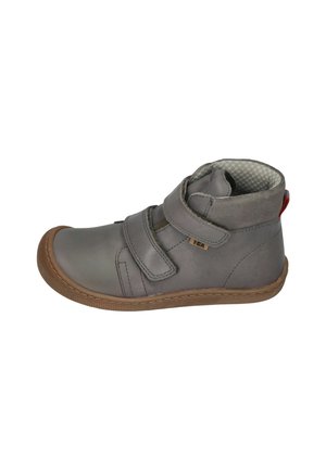 Gray leather high-top shoe with hook-and-loop straps, rubber sole, and textured lining. Features a small logo and red accent on heel.