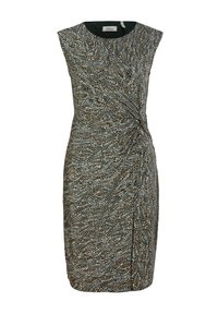 Robe sans manches longueur genou avec motif abstrait de points noirs, blancs et beiges et détail froncé sur le côté droit.