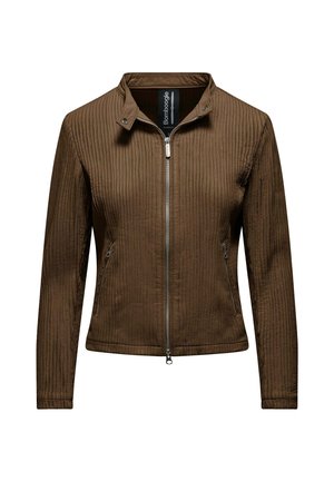 Giacca marrone a coste con cerniera frontale, colletto alla coreana con bottoni a pressione e tasche laterali con cerniera, mostrata su sfondo bianco.