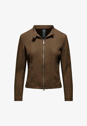 Giacca marrone a coste con cerniera frontale, colletto alla coreana con bottoni a pressione e tasche laterali con cerniera, mostrata su sfondo bianco.