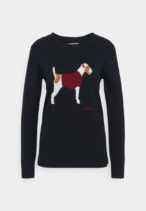 Pull bleu marine à manches longues avec un chien blanc et marron brodé portant un pull rouge sur le devant et un texte "Barbour" en rouge.