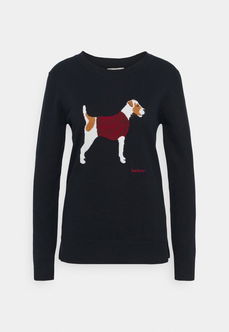 Pull bleu marine à manches longues avec un chien blanc et marron brodé portant un pull rouge sur le devant et un texte "Barbour" en rouge.