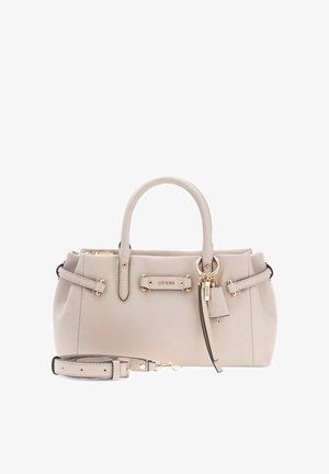 Sac à main en cuir beige avec deux poignées, bandoulière amovible, ferrures dorées et porte-clés décoratif avec un pendentif cadenas.