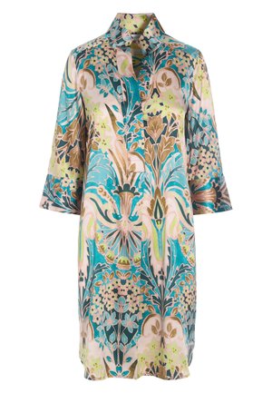 Knielanges Kleid mit langen Ärmeln und hohem Kragen, mit einem kunstvollen Blumen- und abstrakten Muster in Türkis, Braun, Beige und Hellgrün.