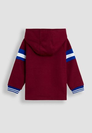 Bordo spalvos hoody su kapišonu, su mėlynomis ir baltomis juostelėmis ant rankovių ir juostelėmis ant rankogalių, parodytas iš nugaros ant šviesiai pilko fono.