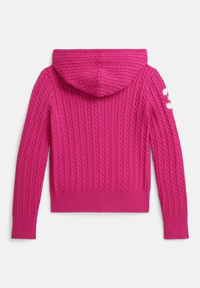 Φωτεινό ροζ φούτερ με πλεκτό κομμάτι και υφή, με εφαρμοστές ριμπ μανσέτες και τελείωμα, διαθέτοντας κουκούλα και λογότυπο στο μανίκι.
