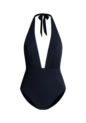 Melns viengabala haltera peldkostīms ar dziļu V-veida izgriezumu un aizdari kakla daļā, ar gludu un piegulošu dizainu.