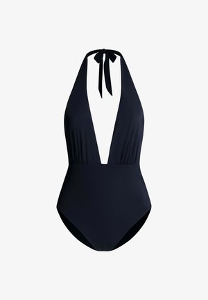 Fekete egyrészes nyakbakötős fürdőruha mély V-nyakkivágással és nyakpántos megkötővel, sima, testhezálló kialakítással.