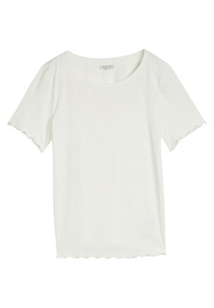 Biały prążkowany krótki top z krótkim rękawem, z falistymi brzegami na rękawach i dole, okrągłym dekoltem i dopasowanym krojem.