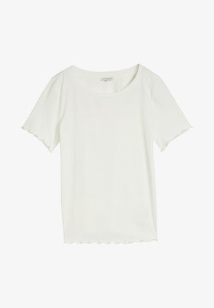 Weißes kurzärmeliges, geripptes Stricktop mit wellenförmigen Abschlüssen an Ärmeln und Saum, Rundhalsausschnitt und schmaler Passform.
