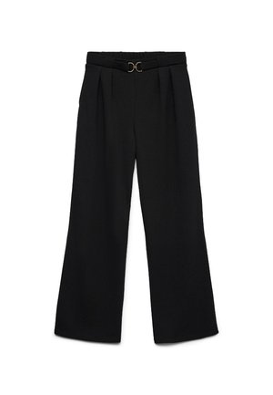 Schwarze, weit geschnittene Hose mit Falten und einem kleinen goldenen Schnallendetail am Bund, dargestellt auf weißem Hintergrund.