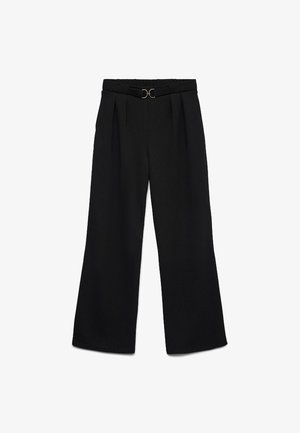 Black wide-leg trousers with pleats and a small gold buckle detail on the waistband, displayed on a white background.
