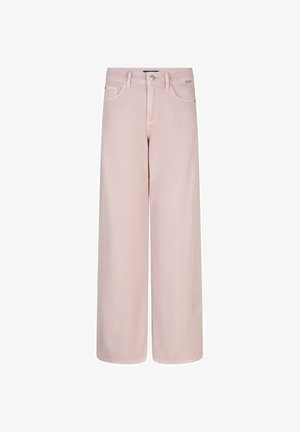 Hooggetailleerde, wijd uitlopende broek in lichtroze met knoop- en ritssluiting aan de voorkant, riemlussen en zijzakken.