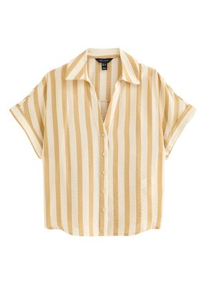 Camisa de manga corta con rayas verticales beige y blancas, abotonada, con cuello y corte holgado.
