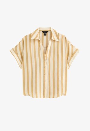 Camisa de manga corta con rayas verticales beige y blancas, abotonada, con cuello y corte holgado.