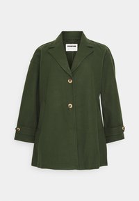 Green wool blend jacket with a notched collar, front buttons, and three-quarter sleeves. Includes side pockets and buttoned cuff accents.