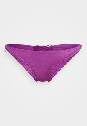 Purple bikini bottoms with a textured finish, featuring a scalloped edge and a tie at the waistband for adjustability.