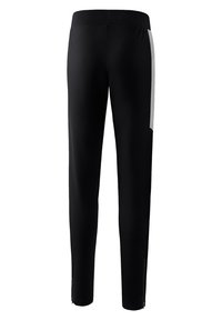 Zwarte sportbroek met een gladde textuur, voorzien van een slim fit ontwerp, elastische tailleband en contrasterende witte zijpanelen met ritssluitingen.