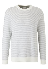 Pull blanc tricoté à manches longues avec un motif horizontal subtil et des poignets, un col et un ourlet côtelés.