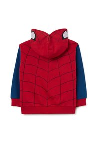 Sudadera roja con mangas azules que presenta un patrón de telaraña de Spider-Man. La capucha tiene ojos de araña en 3D y detalles de malla. Cierre de cremallera completa en la parte posterior.