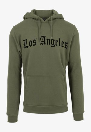 Felpa verde khaki con tasca a marsupio frontale, cappuccio regolabile con lacci e testo nero "Los Angeles" in carattere gotico. Materiale morbido in misto cotone.