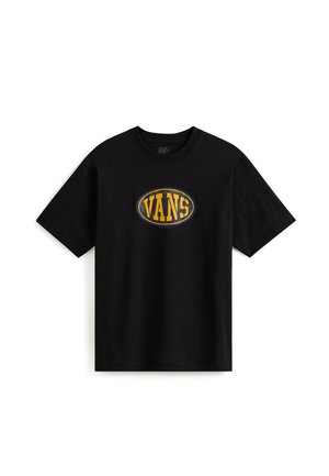 T-shirt in cotone nero con maniche corte e scollatura rotonda, con un logo ovale giallo centrale con il testo "VANS" in carattere grassetto.