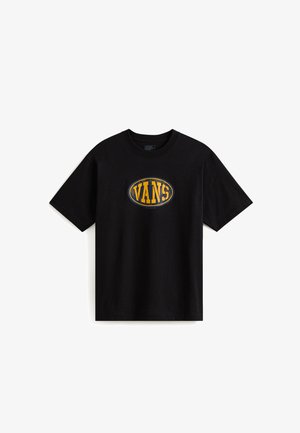 Camiseta de algodón negra con mangas cortas y cuello redondo, que presenta un logo ovalado amarillo en el centro con el texto "VANS" en un tipo de letra en negrita.