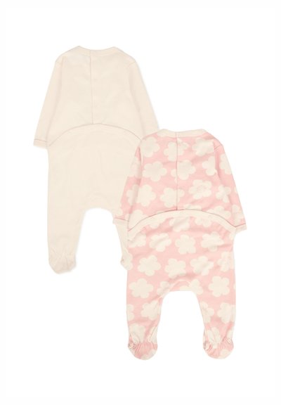 Due bodysuit per neonati: uno crema con bottoni sul retro e uno rosa con motivi a fiori bianchi e polsini arricciati. Materiale in morbido cotone.