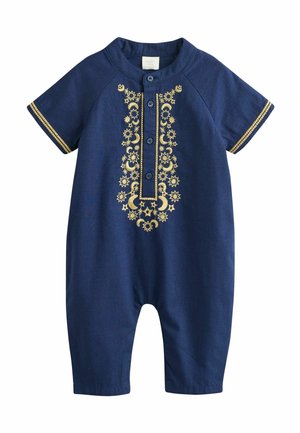 Combinaison bébé bleu marine à manches courtes, broderie céleste dorée sur le devant et aux poignets des manches, fermeture à boutons à l’avant.